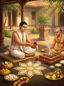 A householder performing the Sankranti Udyapana rite dedicated to Sūrya before an eight-petalled lotus floor diagram