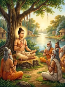Youthful sage Sarasvata teaches the Vedas to elder ṛshis by the Sarasvati river.