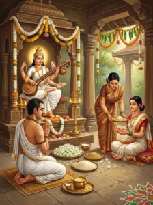 A devout worshipper performing the Sarasvata Vrata puja before an altar of goddess Gayatri-Sarasvati