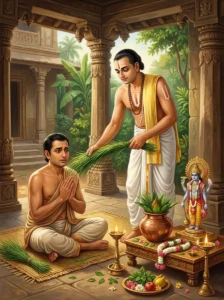 A Vaishṇava devotee performs the Sattva Badha Prashamana healing rite over an afflicted person using sacred kusha grass befor