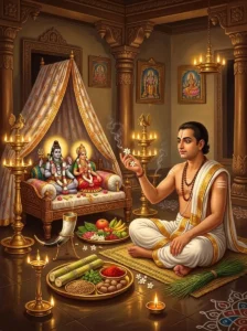 A devotee performing the Saubhagya Shayana Vrata before statues of Śiva and Lalita seated on a ceremonial bed