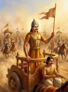 Saucitti stands firmly on his war chariot, marching with the Pāṇḍava army toward Kurukshetra.