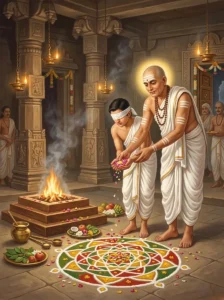 A Śaiva guru guides a blindfolded initiate casting flowers onto an intricate Śiva maṇḍala during the Śaiva initiation ritual
