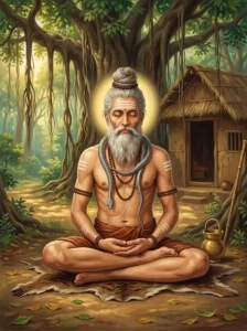 The sage Śamīka sits in deep meditation with a dead snake draped across his shoulders.