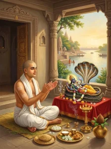 A Hindu householder performing the Shanti Vrata worship before an altar of Vishṇu resting upon the seven-hooded serpent Śesha