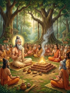 The sage Śaunaka presides at the great sacrificial assembly in Naimisharanya, listening to sacred stories.