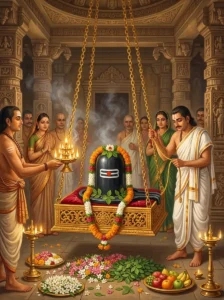 Devotees performing the Śiva Dola puja by rocking a sacred Śiva lingam seated in an ornate golden swing