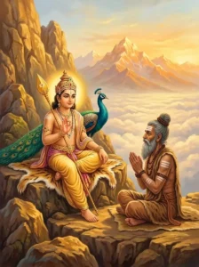Kumārasvāmi Skanda sits on a high rocky ledge teaching the sage Vāmadeva the doctrine of non-duality between the soul and Śiv