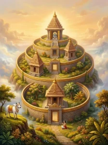 Bhagavān Śiva is seated in serene meditation within the magnificent five-walled divine abode of Jñāna-Kailāsa.