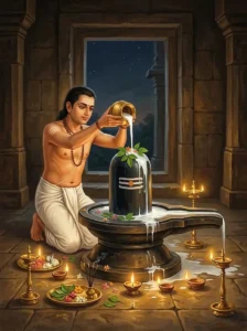 Devotees performing the midnight abhisheka and offering bilva leaves upon a Śivaliṅga during the Shivaratri night vigil