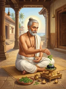 Śivaśarma seated on a reed mat offers tulasī leaves to a Shaligrama stone at his Dvaraka home.