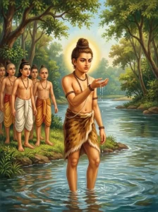The youthful sage Śṛṅgi stands in the Kausiki river pronouncing his powerful curse.