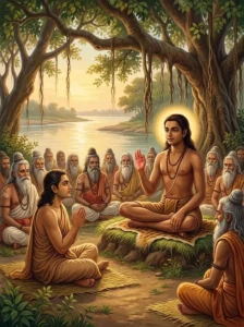 Youthful sage Śukadeva narrates the Bhāgavata Purāna to King Parīkshit before assembled ṛshis.