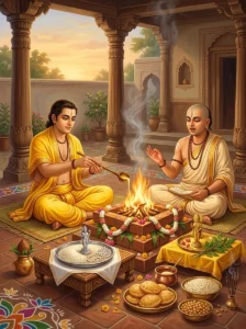 A householder performs the joint worship of Śukra and Bṛhaspati before a sacred fire altar alongside a priest