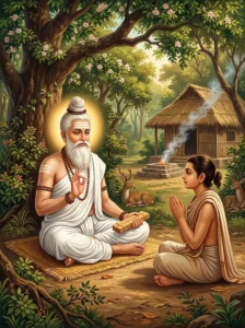 The sage Śukrācārya sits in his forest āśrama teaching sacred knowledge to his student Kaca.