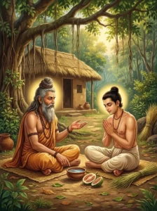 Śvetaketu sits respectfully before his father Uddalaka, learning the unseen essence of reality from a banyan fruit.