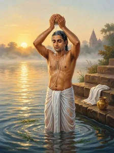 A male worshipper performs varuna snana in a sacred river at dawn during Snana Vidhi.