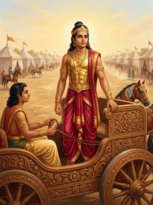 The young son of Duśśāsana stands proudly as a Kaurava chariot warrior on the battlefield.