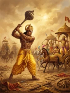 Bhīmasena raises his mace against the sons of Dhṛtarāshṭra on the battlefield of Kurukshetra.