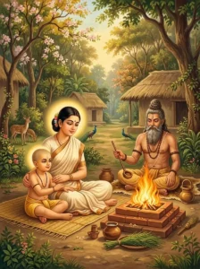 Subhā, wife of Sage Aṅgiras, sits with young son Bṛhaspati in their forest hermitage.