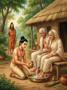 Young Sukarma reverently washes the feet of his aged parents Kundala before the ascetic Pippala.