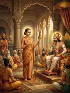 Sulabha calmly debates King Janaka in his assembly hall while holding a triple staff.