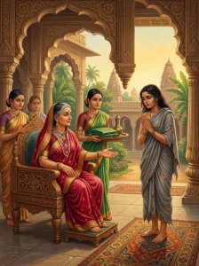 Queen mother Sunandā of Cedi welcomes travel-worn Damayanti with shelter and fresh garments.