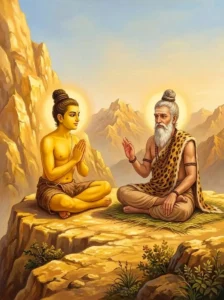 The golden-hued sage Suvarna Tapasvin sits in reverent dialogue with Svayambhuva Manu upon Mount Meru.