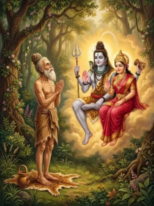 Sage Taṇḍi offers a hymn of praise with folded hands to Śiva and Umā appearing before him.