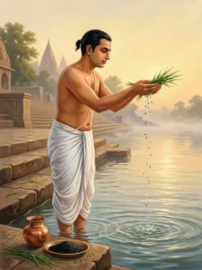 A householder performing the tarpaṇa rite by pouring sacred water and sesame seeds from his cupped palms into a river