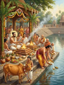 A patron and Hindu priests performing the consecration ceremony of a newly dug public water reservoir