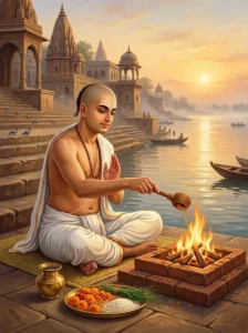 A Hindu pilgrim performs sacred morning rites beside a sacrificial fire altar on the stone steps of a holy riverbank tīrtha