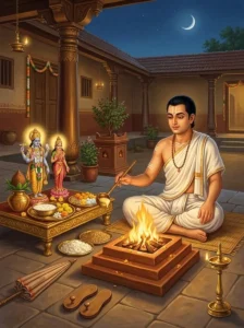 A Hindu householder performs a tithi vrata ritual before a sacred fire altar and icons of Vishṇu and Lakshmī under the evenin