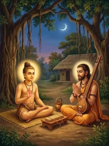 The youthful sage Sanaka teaching the celestial traveler Nārada the sacred science of the lunar days