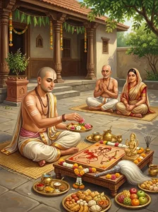 A Hindu householder performing the Caitra Trayodashi puja before a sacred altar dedicated to Kāmadeva
