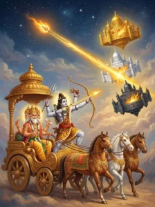 Śiva as Tripurantaka standing in his divine chariot, shooting a single arrow to pierce the three aligned flying fortress citi