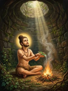 The young sage Trita performs a Vedic fire sacrifice with well water at the bottom of a stone well.
