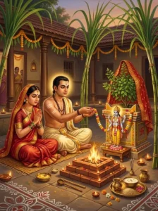 A Hindu householder and his wife perform the wedding rite of Tulasi Vivaha, uniting the sacred Tulasi plant with a golden ido
