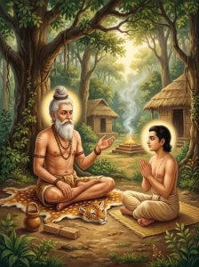 The Vedic sage Uddalaka instructs his young son Svetaketu in a forest hermitage.