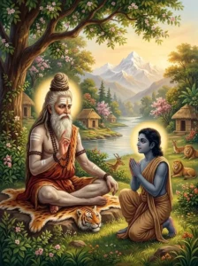 The sage Upamanyu instructs Kṛshṇa in Pashupata yoga at his Himalayan hermitage.