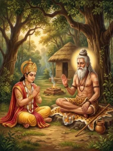 Brahmarshi Utathya teaches the duties of kingship to Emperor Mandhata in his forest hermitage.