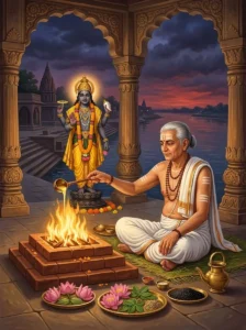 A Vedic priest performing the utpata-shanti rite before a sacred fire pit and an image of Vishṇu