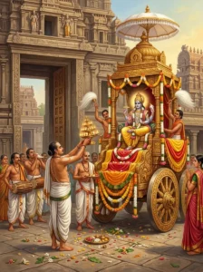 Hindu priests performing ceremonial offerings to a bronze processional image of Vishṇu enthroned upon a decorated temple char