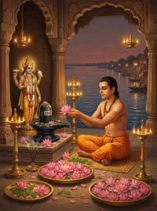 A devotee performing the Vaikuntha Chaturdashi vrata by offering lotus blossoms before a Śiva liṅga and an image of Vishṇu