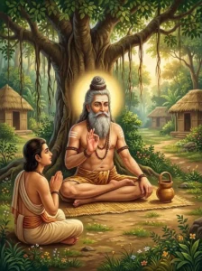 Sage Bodhya seated in an āśrama clearing, teaching a disciple about vairagya (inner detachment)