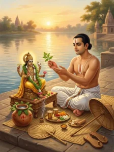 A Vaishṇava worshipper performing the morning worship and charity rites of the month of Vaisakha on a holy riverbank at sunri
