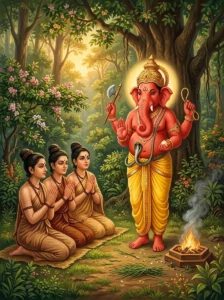 Four-armed Gaṇeśa appears in his Vakratunda form before celestial devis performing tapas in a forest.