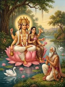 Brahmā and Sāvitrī seated on a lotus while the aged devotee Bhīshma kneels in reverence before them.