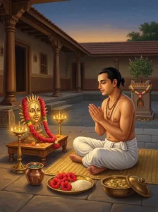 A devout worshipper performing the evening puja of Sūrya during the Sunday vrata prescribed in the Agni Purāṇa