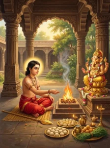Skanda performing the Varada Ganapati Vrata before a golden idol of Gaṇeśa